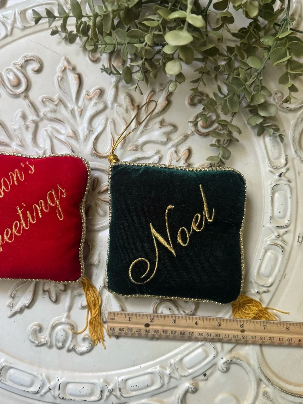 Set of 2 Vintage Christmas Pillow Ornaments - Noel and Season’s Greetings